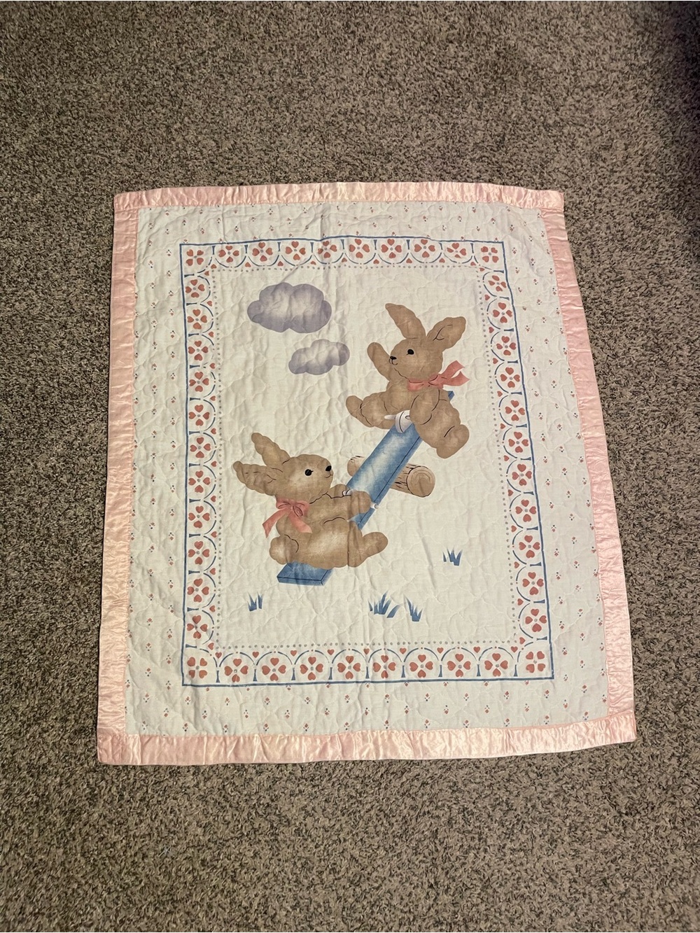 Vintage crib Bunny Seesaw Baby Quilt - Pink Trim